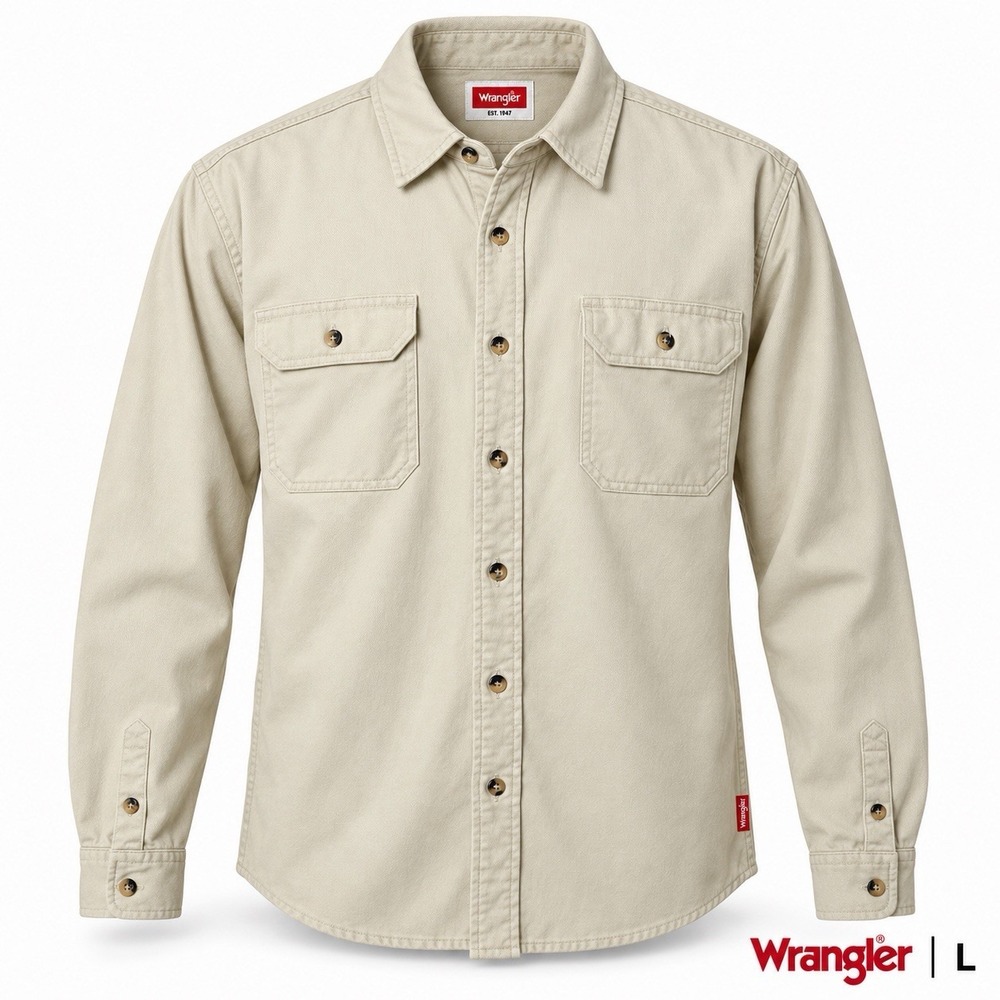 Wrangler Mens Large Beige Khaki Epic Soft Twill Button Up Long Sleeve Work Shirt